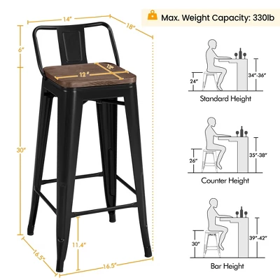 Yaheetech 30" Low Back Metal Counter Height Bar Stools With Wood Seat & Footrest, Set Of 4 - Image 2